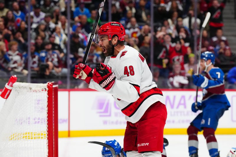 Nov 9, 2024; Denver, Colorado, USA; Carolina Hurricanes left wing Jordan Martinook (48) celebrates his third period goal against the Colorado Avalanche at Ball Arena. Mandatory Credit: Ron Chenoy-Imagn Images