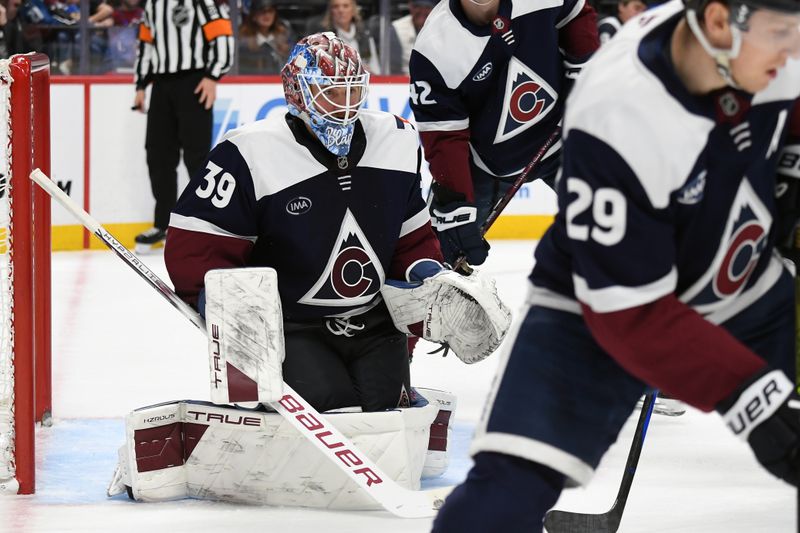 Jan 31, 2025; Denver, Colorado, USA; Colorado Avalanche goaltender Mackenzie Blackwood (39) waits for a shot during the third period against the St. Louis Blues at Ball Arena. Mandatory Credit: Christopher Hanewinckel-Imagn Images