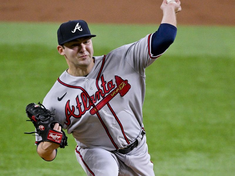 May 16, 2023; Arlington, Texas, USA; Atlanta Braves starting pitcher Jared Shuster (45) pitches against the Texas Rangers during the first inning at Globe Life Field. Mandatory Credit: Jerome Miron-USA TODAY Sports