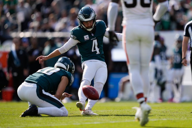 Philadelphia Eagles' Jake Elliott (4) kicks for an extra point during the first half of an NFL football game against the Cleveland Browns on Sunday, Oct. 13, 2024, in Philadelphia. (AP Photo/Matt Rourke)