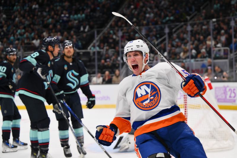 Nov 16, 2023; Seattle, Washington, USA; New York Islanders center Casey Cizikas (53) celebrates after scoring a goal against the Seattle Kraken during the second period at Climate Pledge Arena. Mandatory Credit: Steven Bisig-USA TODAY Sports