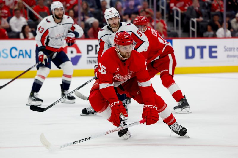 Apr 9, 2024; Detroit, Michigan, USA; Detroit Red Wings right wing Christian Fischer (36) skates in the first period against the Washington Capitals at Little Caesars Arena. Mandatory Credit: Rick Osentoski-USA TODAY Sports