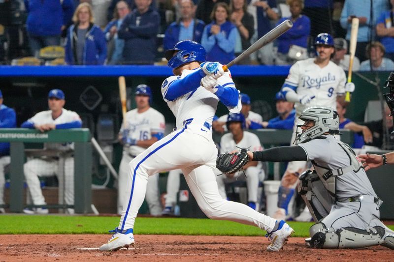 May 6, 2025; Kansas City, Missouri, USA; Kansas City Royals shortstop Bobby Witt Jr. (7) hits a walk off single against the Chicago White Sox in the ninth inning at Kauffman Stadium. Mandatory Credit: Denny Medley-Imagn Images
