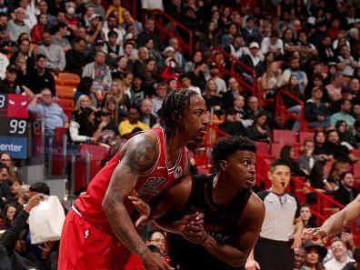 MIAMI, FL - DECEMBER 16: Players box out during the game on December 16, 2023 at Kaseya Center in Miami, Florida. NOTE TO USER: User expressly acknowledges and agrees that, by downloading and or using this Photograph, user is consenting to the terms and conditions of the Getty Images License Agreement. Mandatory Copyright Notice: Copyright 2023 NBAE (Photo by Issac Baldizon/NBAE via Getty Images)