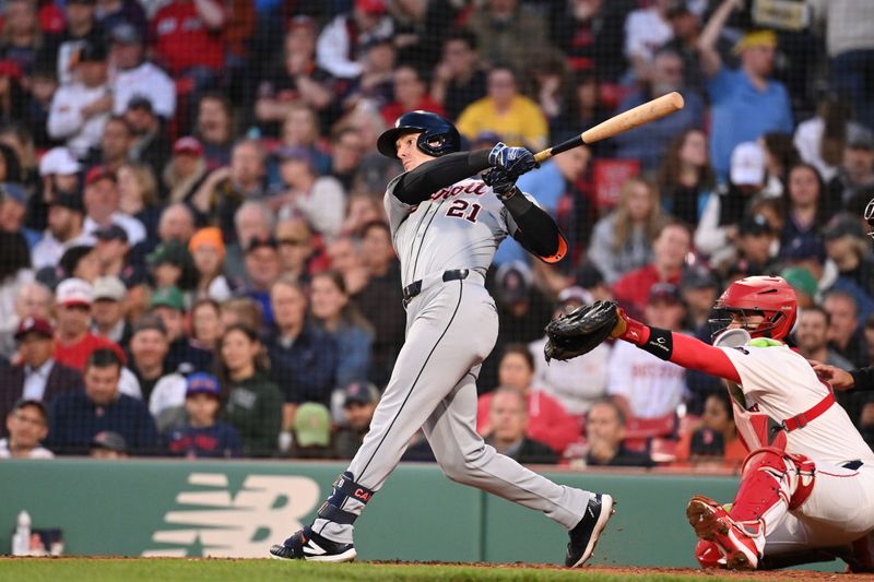 May 30, 2024; Boston, Massachusetts, USA; Detroit Tigers designated hitter Mark Canha (21) bats against the Boston Red Sox during the fourth inning at Fenway Park. Mandatory Credit: Eric Canha-USA TODAY Sports