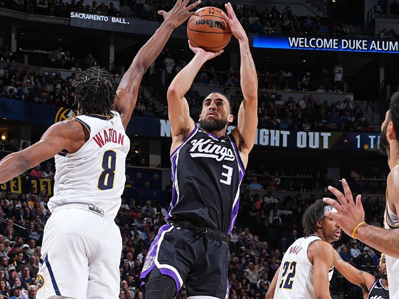 DENVER, CO - FEBRUARY 28: Chris Duarte #3 of the Sacramento Kings shoots the ball during the game against the Denver Nuggets on February 28, 2024 at the Ball Arena in Denver, Colorado. NOTE TO USER: User expressly acknowledges and agrees that, by downloading and/or using this Photograph, user is consenting to the terms and conditions of the Getty Images License Agreement. Mandatory Copyright Notice: Copyright 2024 NBAE (Photo by Garrett Ellwood/NBAE via Getty Images)