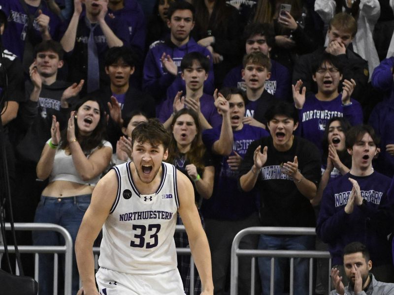 Jan 27, 2024; Evanston, Illinois, USA; Northwestern Wildcats forward Luke Hunger (33) yells after scoring against the Ohio State Buckeyes during the first half  at Welsh-Ryan Arena. Mandatory Credit: Matt Marton-USA TODAY Sports