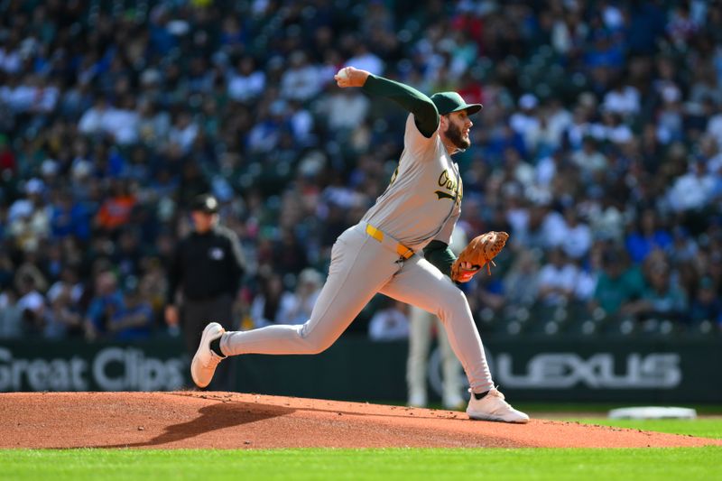 Sep 29, 2024; Seattle, Washington, USA; Oakland Athletics starting pitcher Mitch Spence (40) pitches to the Seattle Mariners during the first inning at T-Mobile Park. Mandatory Credit: Steven Bisig-Imagn Images