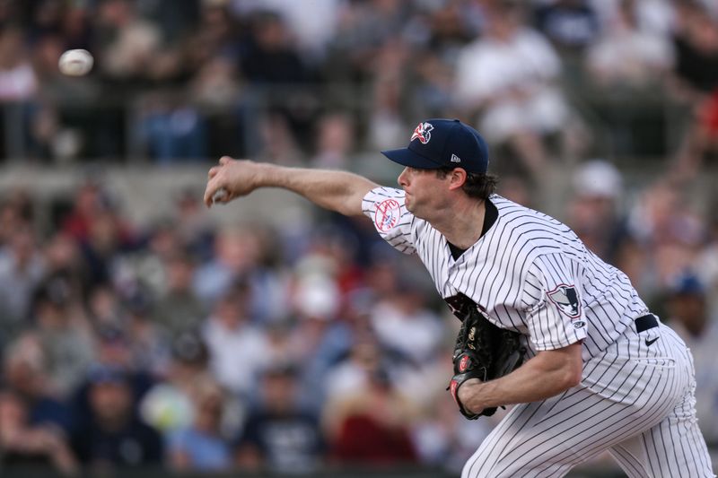 Jun 4, 2024; Bridgewater, NJ, USA; New York Yankees pitcher Gerrit Cole pitches during a MLB rehab assignment with the Somerset Patriots against the Hartford Yard Goats at TD Bank Ballpark. Mandatory Credit: John Jones-USA TODAY Sports