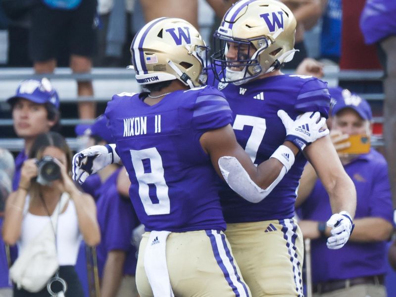 Sep 2, 2023; Seattle, Washington, USA; Washington Huskies tight end Jack Westover (37) celebrates with running back Will Nixon (8) after catching a touchdown pass against the Boise State Broncos during the second quarter at Alaska Airlines Field at Husky Stadium. Mandatory Credit: Joe Nicholson-USA TODAY Sports