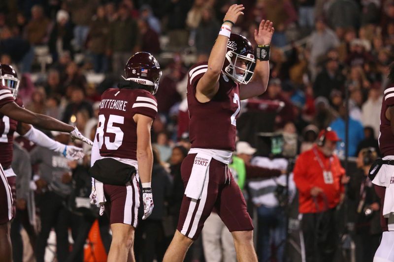 Nov 23, 2023; Starkville, Mississippi, USA; Mississippi State Bulldogs quarterback Will Rogers (2) reacts after a touchdown during the second half against the Mississippi Rebels at Davis Wade Stadium at Scott Field. Mandatory Credit: Petre Thomas-USA TODAY Sports