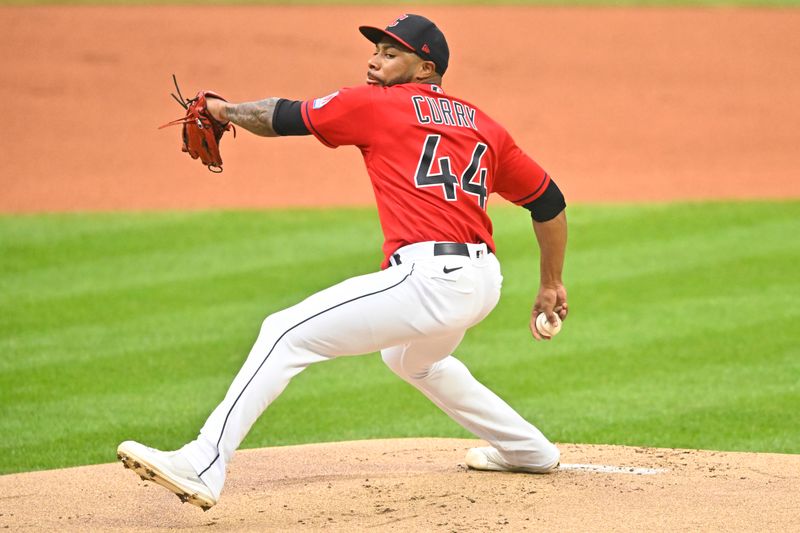 Aug 23, 2023; Cleveland, Ohio, USA; Cleveland Guardians starting pitcher Xzavion Curry (44) delivers a pitch in the first inning against the Los Angeles Dodgersat Progressive Field. Mandatory Credit: David Richard-USA TODAY Sports