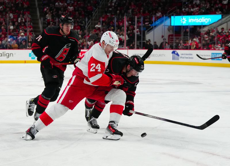 Jan 19, 2024; Raleigh, North Carolina, USA;  Carolina Hurricanes defenseman Brett Pesce (22) and Detroit Red Wings center Klim Kostin (24) battle for the puck during the second period at PNC Arena. Mandatory Credit: James Guillory-USA TODAY Sports