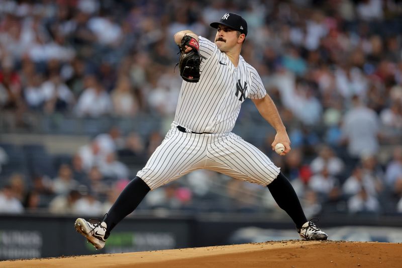 Aug 22, 2023; Bronx, New York, USA; New York Yankees starting pitcher Carlos Rodon (55) pitches against the Washington Nationals during the first inning at Yankee Stadium. Mandatory Credit: Brad Penner-USA TODAY Sports