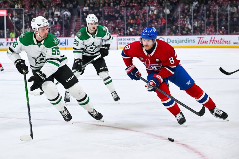 Nov 13, 2025; Montreal, Quebec, CAN; Montreal Canadiens defenseman Mike Matheson (8) plays the puck against Dallas Stars defenseman Thomas Harley (55) during the second period at Bell Centre. Mandatory Credit: David Kirouac-Imagn Images