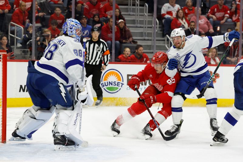 Jan 25, 2025; Detroit, Michigan, USA;  Detroit Red Wings left wing Elmer Soderblom (85) and Tampa Bay Lightning defenseman Darren Raddysh (43) battle for the puck in the second period at Little Caesars Arena. Mandatory Credit: Rick Osentoski-Imagn Images