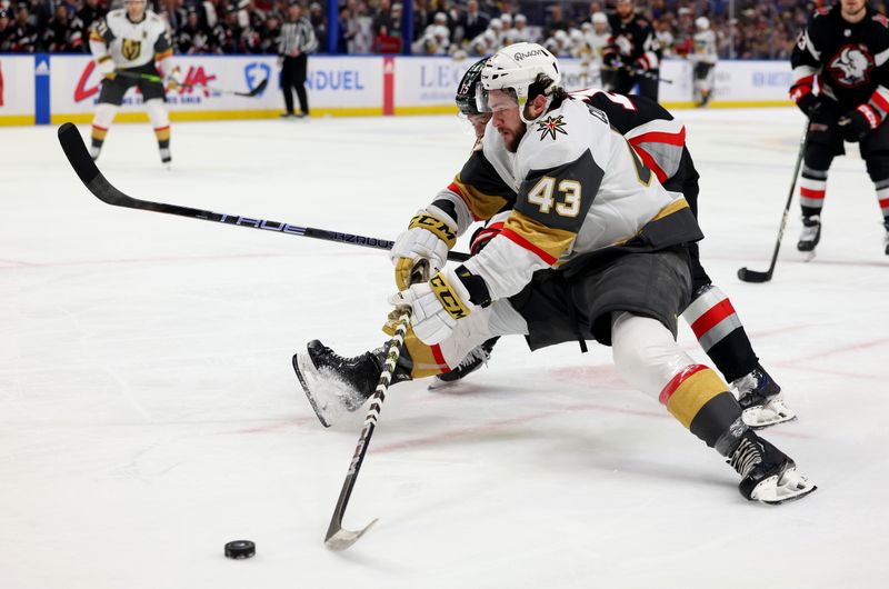 Mar 2, 2024; Buffalo, New York, USA;  Buffalo Sabres defenseman Connor Clifton (75) knocks down Vegas Golden Knights center Paul Cotter (43) as he skates with the puck during the third period at KeyBank Center. Mandatory Credit: Timothy T. Ludwig-USA TODAY Sports