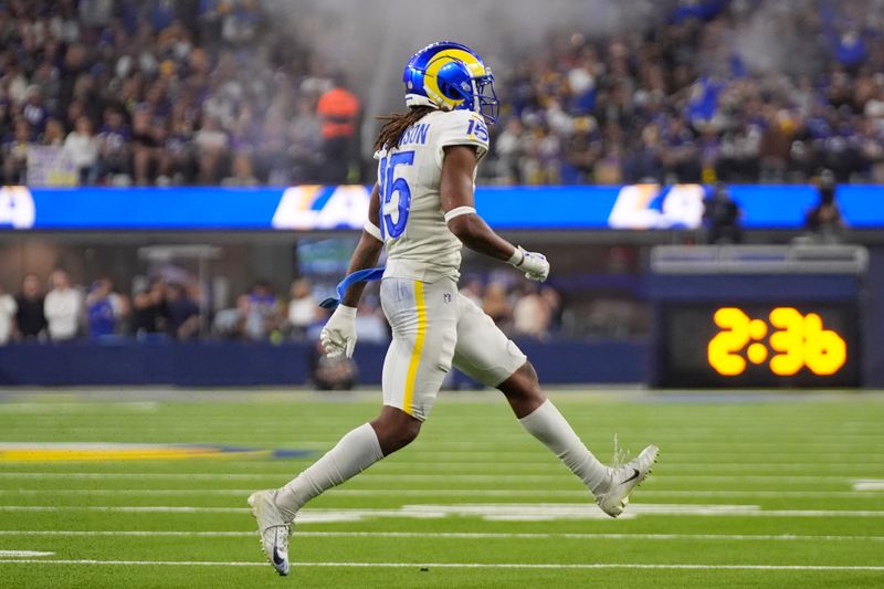 Los Angeles Rams wide receiver Demarcus Robinson (15) celebrates after scoring a 25-yard touchdown during the second half of an NFL football game against the Minnesota Vikings, Thursday, Oct. 24, 2024, in Inglewood, Calif. (AP Photo/Mark J. Terrill)