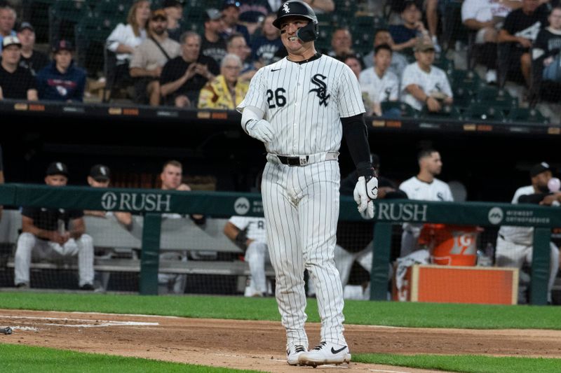 Sep 10, 2024; Chicago, Illinois, USA;  Chicago White Sox catcher Korey Lee (26) reacts after being called out on strikes during the second inning against the Cleveland Guardians at Guaranteed Rate Field. Mandatory Credit: Matt Marton-Imagn Images