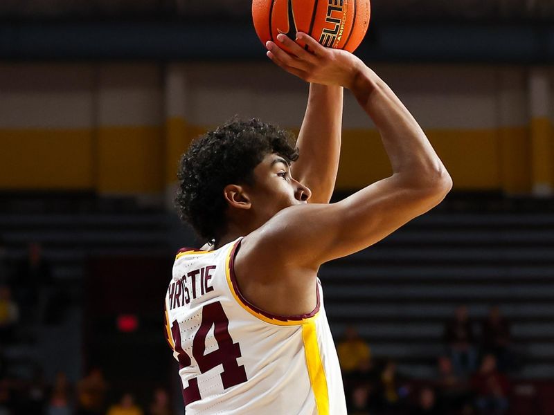 Nov 30, 2023; Minneapolis, Minnesota, USA; Minnesota Golden Gophers guard Cam Christie (24) shoots against the New Orleans Privateers during the first half at Williams Arena. Mandatory Credit: Matt Krohn-USA TODAY Sports