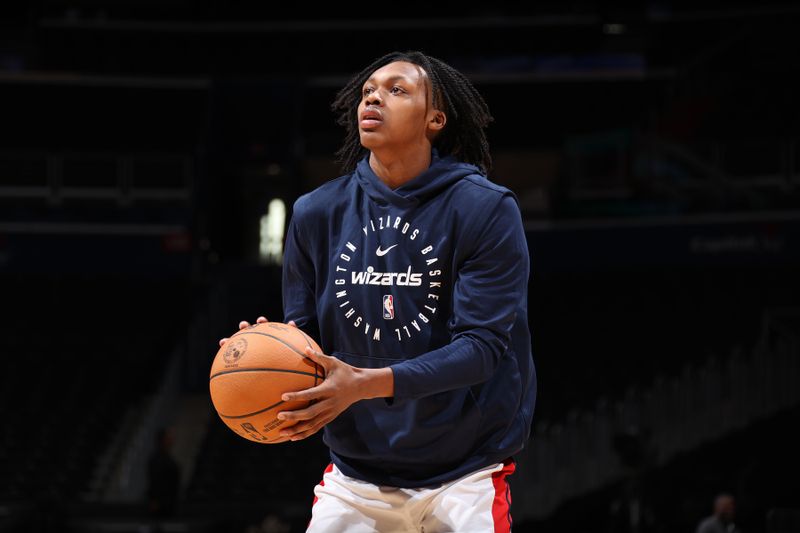 WASHINGTON, DC -? OCTOBER 30: Bub Carrington #8 of the Washington Wizards warms up before the game against the Atlanta Hawks on October 30, 2024 at Capital One Arena in Washington, DC. NOTE TO USER: User expressly acknowledges and agrees that, by downloading and or using this Photograph, user is consenting to the terms and conditions of the Getty Images License Agreement. Mandatory Copyright Notice: Copyright 2024 NBAE (Photo by Stephen Gosling/NBAE via Getty Images)