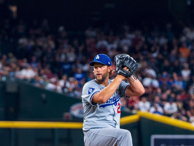 Aug 30, 2024; Phoenix, Arizona, USA; Los Angeles Dodgers pitcher Clayton Kershaw (22) on the mound in the first inning during a game against the Arizona Diamondbacks at Chase Field. Mandatory Credit: Allan Henry-USA TODAY Sports 