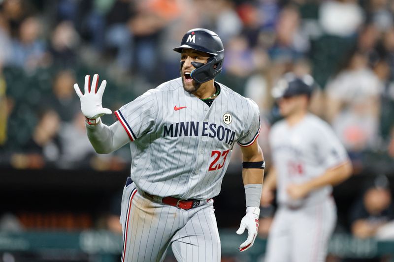 Sep 15, 2023; Chicago, Illinois, USA; Minnesota Twins third baseman Royce Lewis (23) round the bases after hitting a grand slam against the Chicago White Sox during the second inning at Guaranteed Rate Field. Mandatory Credit: Kamil Krzaczynski-USA TODAY Sports