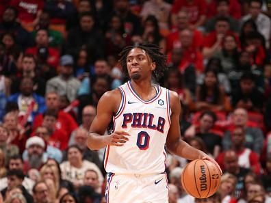 MIAMI, FL - DECEMBER 25:  Tyrese Maxey #0 of the Philadelphia 76ers handles the ball during the game  on December 25, 2023 at Kaseya Center Arena in Miami, Florida. NOTE TO USER: User expressly acknowledges and agrees that, by downloading and or using this Photograph, user is consenting to the terms and conditions of the Getty Images License Agreement. Mandatory Copyright Notice: Copyright 2023 NBAE (Photo by Issac Baldizon/NBAE via Getty Images)