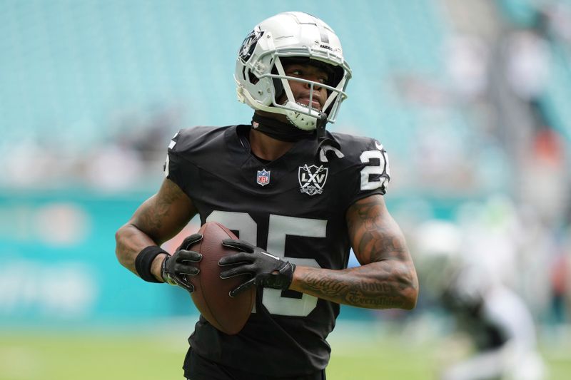 Las Vegas Raiders cornerback Decamerion Richardson (25) warms up before an NFL football game against the Miami Dolphins, Sunday, Nov. 17, 2024, in Miami Gardens, Fla. (AP Photo/Lynne Sladky)