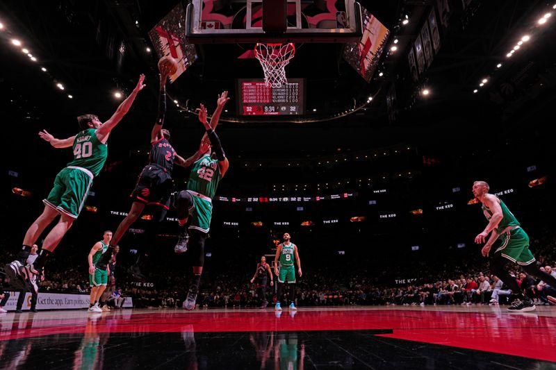 TORONTO, CANADA - JANUARY 15: Jalen McDaniels #2 of the Toronto Raptors drives to the basket during the game against the Boston Celtics  on January 15, 2024 at the Scotiabank Arena in Toronto, Ontario, Canada.  NOTE TO USER: User expressly acknowledges and agrees that, by downloading and or using this Photograph, user is consenting to the terms and conditions of the Getty Images License Agreement.  Mandatory Copyright Notice: Copyright 2024 NBAE (Photo by Mark Blinch/NBAE via Getty Images)