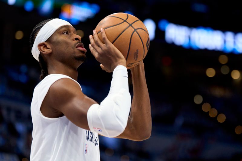 OKLAHOMA CITY, OKLAHOMA - APRIL 21: Shai Gilgeous-Alexander #2 of the Oklahoma City Thunder warms up before tipoff against the New Orleans Pelicans in game one of the Western Conference First Round Playoffs at the Paycom Center on April 21, 2024 in Oklahoma City, Oklahoma. NOTE TO USER: User expressly acknowledges and agrees that, by downloading and or using this photograph, User is consenting to the terms and conditions of the Getty Images License Agreement.  (Photo by Cooper Neill/Getty Images)