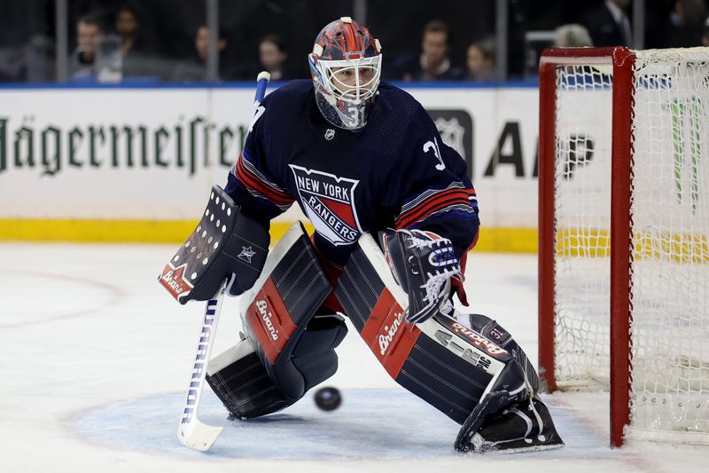 Jan 14, 2024; New York, New York, USA; New York Rangers goaltender Igor Shesterkin (31) tends net against the Washington Capitals during the first period at Madison Square Garden. Mandatory Credit: Brad Penner-USA TODAY Sports