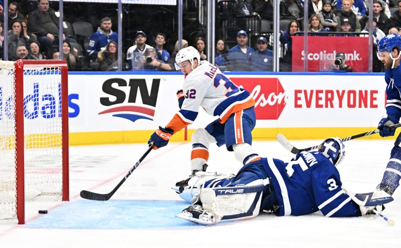 Feb 5, 2024; Toronto, Ontario, CAN;   New York Islanders forward Kyle MacLean (32) scores a goal past Toronto Maple Leafs goalie Ilya Samsonov (35) in the second period at Scotiabank Arena. Mandatory Credit: Dan Hamilton-USA TODAY Sports