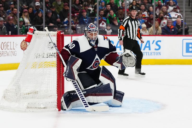 Feb 27, 2024; Denver, Colorado, USA; Colorado Avalanche goaltender Alexandar Georgiev (40) defends the net against the Dallas Stars during the first period at Ball Arena. Mandatory Credit: Ron Chenoy-USA TODAY Sports