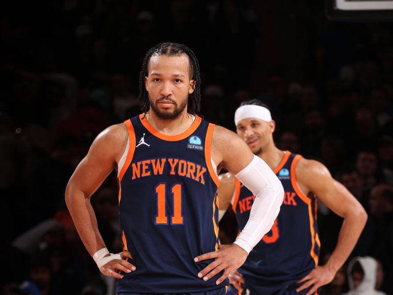 NEW YORK, NY - APRIL 4: Jalen Brunson #11 of the New York Knicks looks on during the game against the Sacramento Kings on April 4, 2024 at Madison Square Garden in New York City, New York.  NOTE TO USER: User expressly acknowledges and agrees that, by downloading and or using this photograph, User is consenting to the terms and conditions of the Getty Images License Agreement. Mandatory Copyright Notice: Copyright 2024 NBAE  (Photo by Nathaniel S. Butler/NBAE via Getty Images)