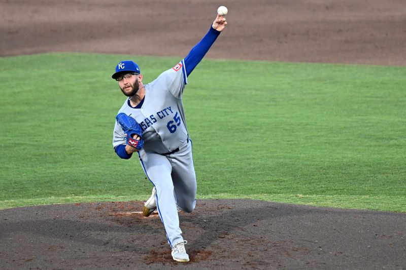 Apr 30, 2025; St. Petersburg, Florida, USA; Kansas City Royals starting pitcher Noah Cameron (65) throws a pitch in the second inning against the Tampa Bay Rays at George M. Steinbrenner Field. Mandatory Credit: Jonathan Dyer-Imagn Images