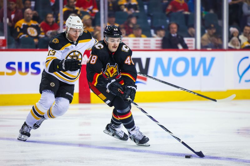 Feb 28, 2023; Calgary, Alberta, CAN; Calgary Flames defenseman Dennis Gilbert (48) and Boston Bruins center Charlie Coyle (13) battle for the puck during the first period at Scotiabank Saddledome. Mandatory Credit: Sergei Belski-USA TODAY Sports