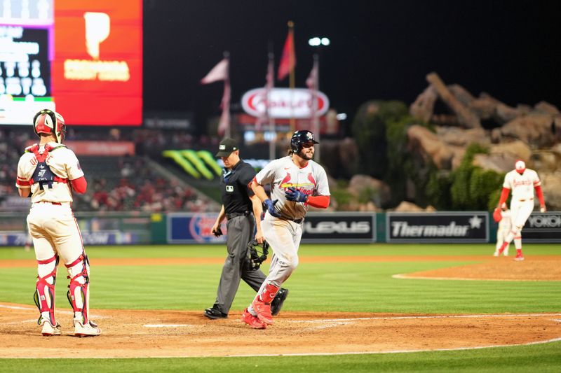 May 14, 2024; Anaheim, California, USA; St. Louis Cardinals designated hitter Alec Burleson (41) crosses home plate after hitting a two-run home run in the seventh inning against the Los Angeles Angels  at Angel Stadium. Mandatory Credit: Kirby Lee-USA TODAY Sports