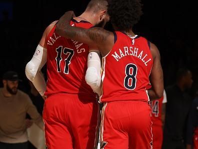 WASHINGTON, DC -? DECEMBER 13:  Jonas Valanciunas #17 of the New Orleans Pelicans & Naji Marshall #8 of the New Orleans Pelicans embrace during the game on December 13, 2023 at Capital One Arena in Washington, DC. NOTE TO USER: User expressly acknowledges and agrees that, by downloading and or using this Photograph, user is consenting to the terms and conditions of the Getty Images License Agreement. Mandatory Copyright Notice: Copyright 2023 NBAE (Photo by Stephen Gosling/NBAE via Getty Images)