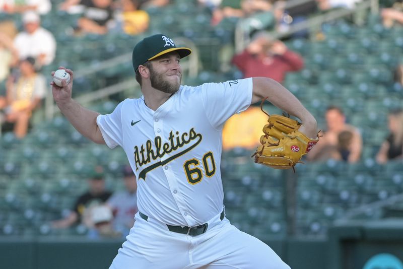 Jun 4, 2025; West Sacramento, California, USA; Athletics pitcher Justin Sterner (60) throws a pitch during the first inning against the Minnesota Twins at Sutter Health Park. Mandatory Credit: Ed Szczepanski-Imagn Images