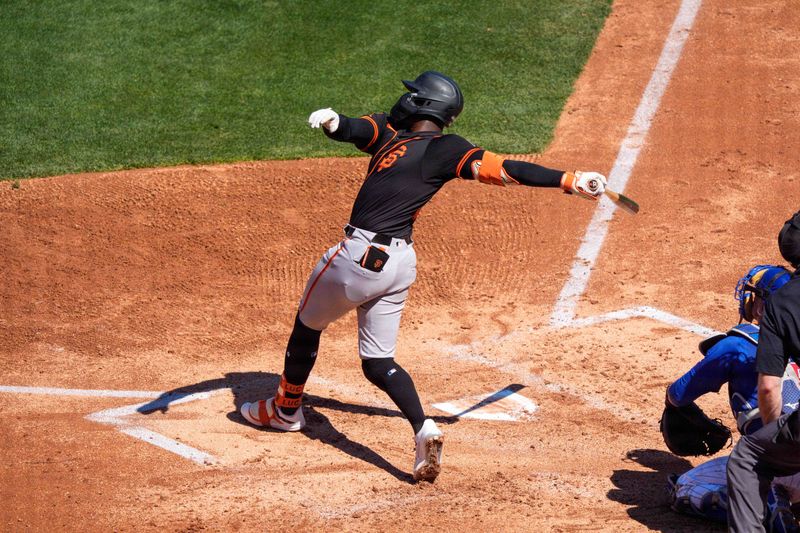 Mar 22, 2024; Mesa, Arizona, USA; San Francisco Giants outfielder Marco Luciano (37) reacts during his at bat in the third inning during a spring training game against the Chicago Cubs at Sloan Park. Mandatory Credit: Allan Henry-USA TODAY Sports