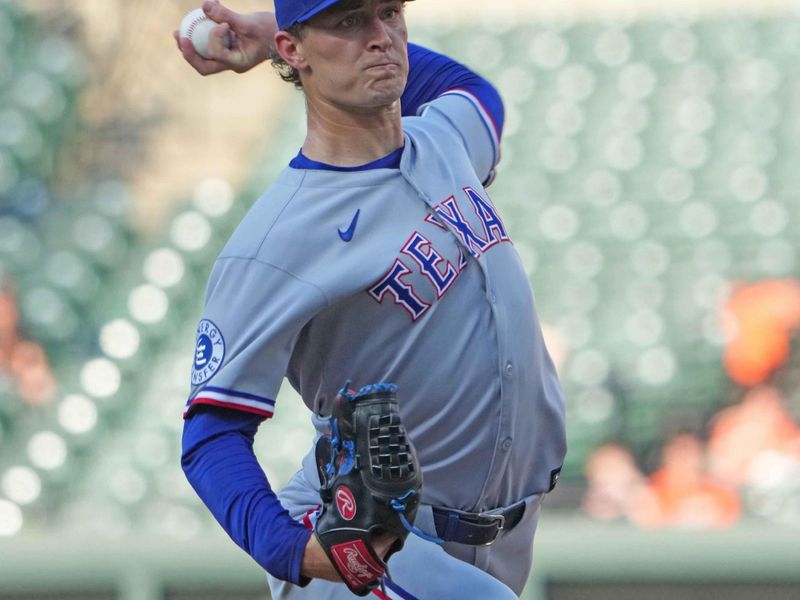 Jun 24, 2025; Baltimore, Maryland, USA; Texas Rangers pitcher Jacob Latz (67) delivers during the first inning against the Baltimore Orioles at Oriole Park at Camden Yards. Mandatory Credit: Mitch Stringer-Imagn Images