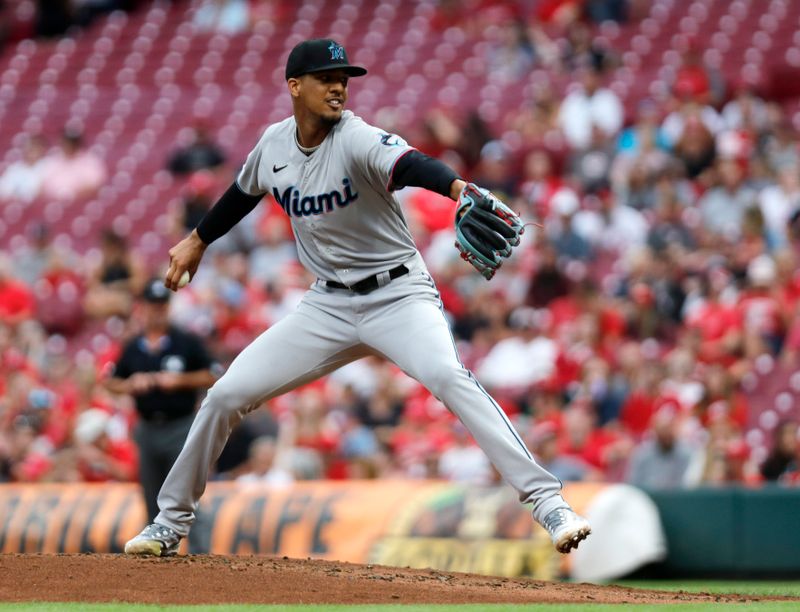 Aug 7, 2023; Cincinnati, Ohio, USA; Miami Marlins starting pitcher Eury Perez (39) throws against the Cincinnati Reds during the third inning at Great American Ball Park. Mandatory Credit: David Kohl-USA TODAY Sports