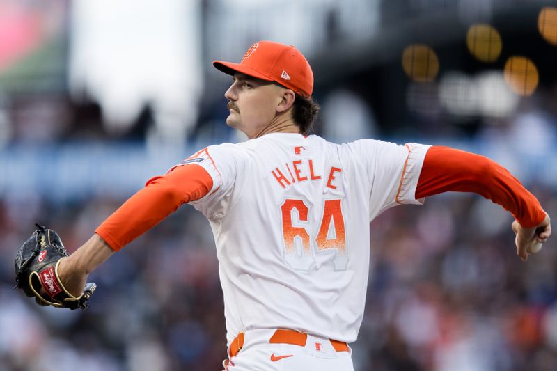 Jun 25, 2024; San Francisco, California, USA; San Francisco Giants pitcher Sean Hjelle (64) pitches against the Chicago Cubs during the third inning at Oracle Park. Mandatory Credit: John Hefti-USA TODAY Sports