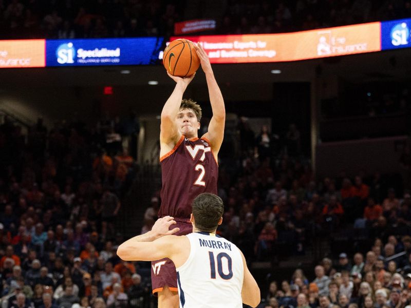 Feb 1, 2025; Charlottesville, Virginia, USA; Virginia Tech Hokies guard Jaden Schutt (2) shoots the ball over Virginia Cavaliers guard Taine Murray (10) in the second half at John Paul Jones Arena. Mandatory Credit: Emily Morgan-Imagn Images