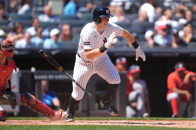 Aug 27, 2025; Bronx, New York, USA; New York Yankees first baseman Ben Rice (22) runs out a single against the Washington Nationals during the third inning at Yankee Stadium. Mandatory Credit: Gregory Fisher-Imagn Images