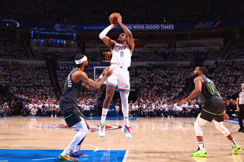 OKLAHOMA CITY, OK - MAY 20: Jalen Williams #8 of the Oklahoma City Thunder shoots the ball during the game against the Minnesota Timberwolves during Game 1 of the 2025 Western Conference Finals on May 20, 2025 at Paycom Center in Oklahoma City, Oklahoma. NOTE TO USER: User expressly acknowledges and agrees that, by downloading and or using this photograph, User is consenting to the terms and conditions of the Getty Images License Agreement. Mandatory Copyright Notice: Copyright 2025 NBAE (Photo by Zach Beeker/NBAE via Getty Images)