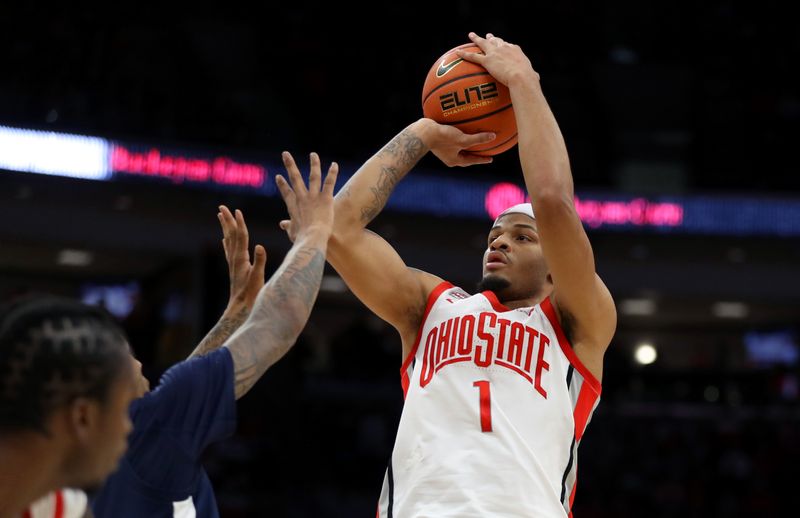 Jan 20, 2024; Columbus, Ohio, USA;  Ohio State Buckeyes guard Roddy Gayle Jr. (1) ltakes the jump shot during the second half against the Penn State Nittany Lions at Value City Arena. Mandatory Credit: Joseph Maiorana-USA TODAY Sports