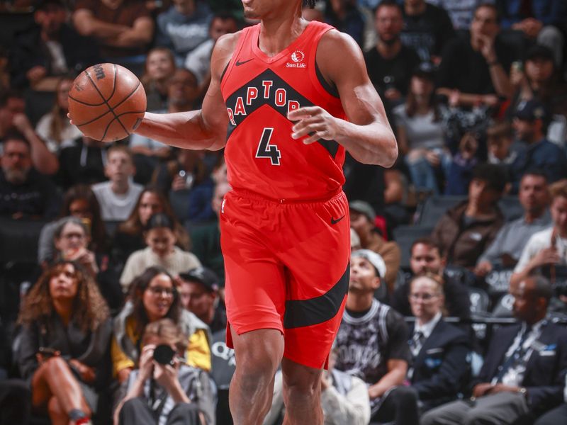 BROOKLYN, NY - OCTOBER 18: Scottie Barnes #4 of the Toronto Raptors dribbles the ball during the game on October 18, 2024 at Barclays Center in Brooklyn, New York. NOTE TO USER: User expressly acknowledges and agrees that, by downloading and or using this Photograph, user is consenting to the terms and conditions of the Getty Images License Agreement. Mandatory Copyright Notice: Copyright 2024 NBAE (Photo by Nathaniel S. Butler/NBAE via Getty Images)