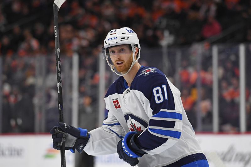Mar 6, 2025; Philadelphia, Pennsylvania, USA; Winnipeg Jets left wing Kyle Connor (81) reacts after scoring a goal against the Philadelphia Flyers during the second period at Wells Fargo Center. Mandatory Credit: Eric Hartline-Imagn Images